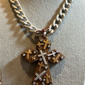Cross Pendant Necklace with Mixed Cross Accents on chunky silver tone chain
